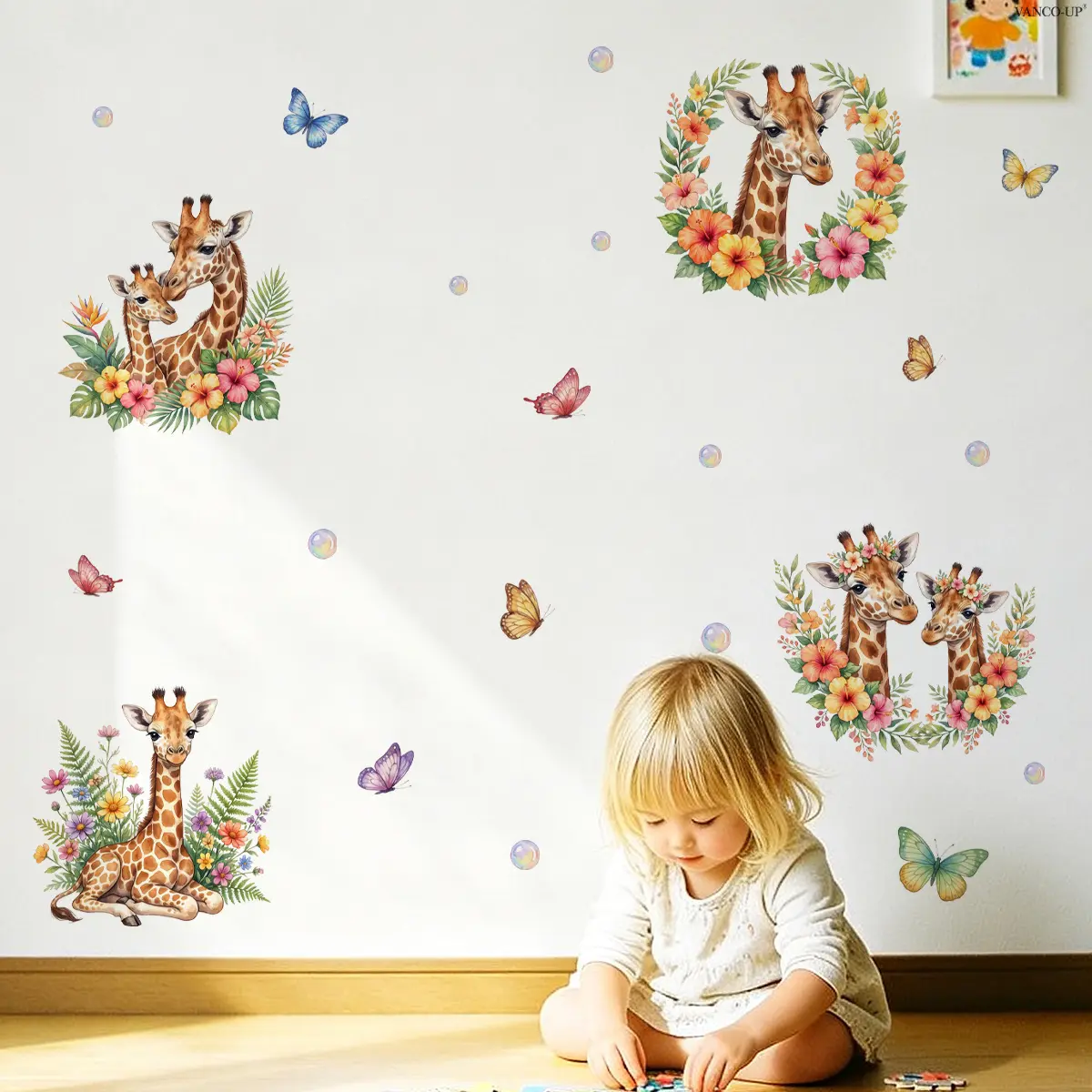 2Pcs Set (3060cm2pcs) Watercolor Giraffe Wall Stickers with Tropical Hibiscus and Butterflies, Decals for Kids Room Decor