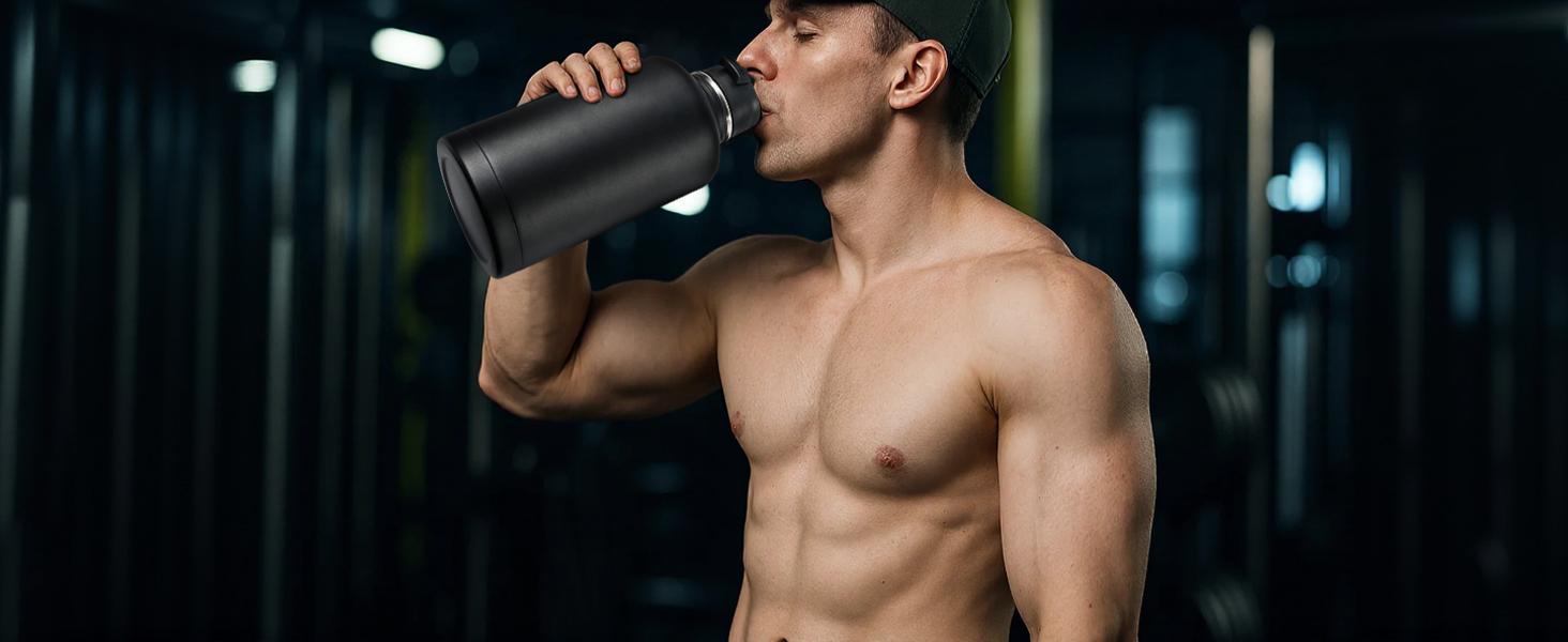 Tactical Half Gallon Water Bottle with Straw, 64 Oz Insulated Water Jug with Molle Water Bottle Holder, Stainless Steel Sport Bottle with 3 Lids for Gym Workout Hiking (Black)