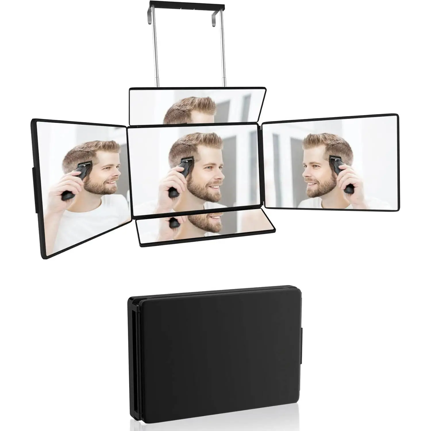 Modern Large 5-Way Synthetic Mirror for Hair Styling & Shaving, 360-Degree Bathroom Makeup Mirror with Height Adjustment for Braiding (Black)