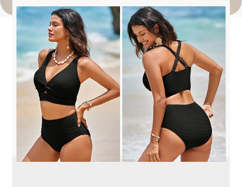 2 Piece Bikini Set Women's Textured Bikini Sets Twist Front Top Swimsuits High Waisted Bathing Suits Swimming Clothing Beach Water Sports,Swimsuits Slimming Bikini Swimwear