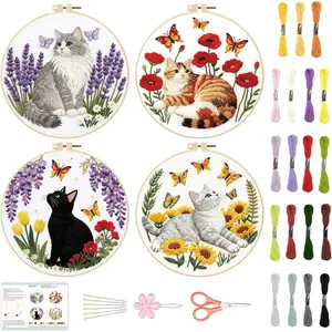 4 Set Embroidery Kit for Beginners,  and Butterfly Pre-Stamped  Needlepoint Kits for Adults with Hoop and Instruction, Cute Hand Embroidery Patterns for Cloth and  Decor