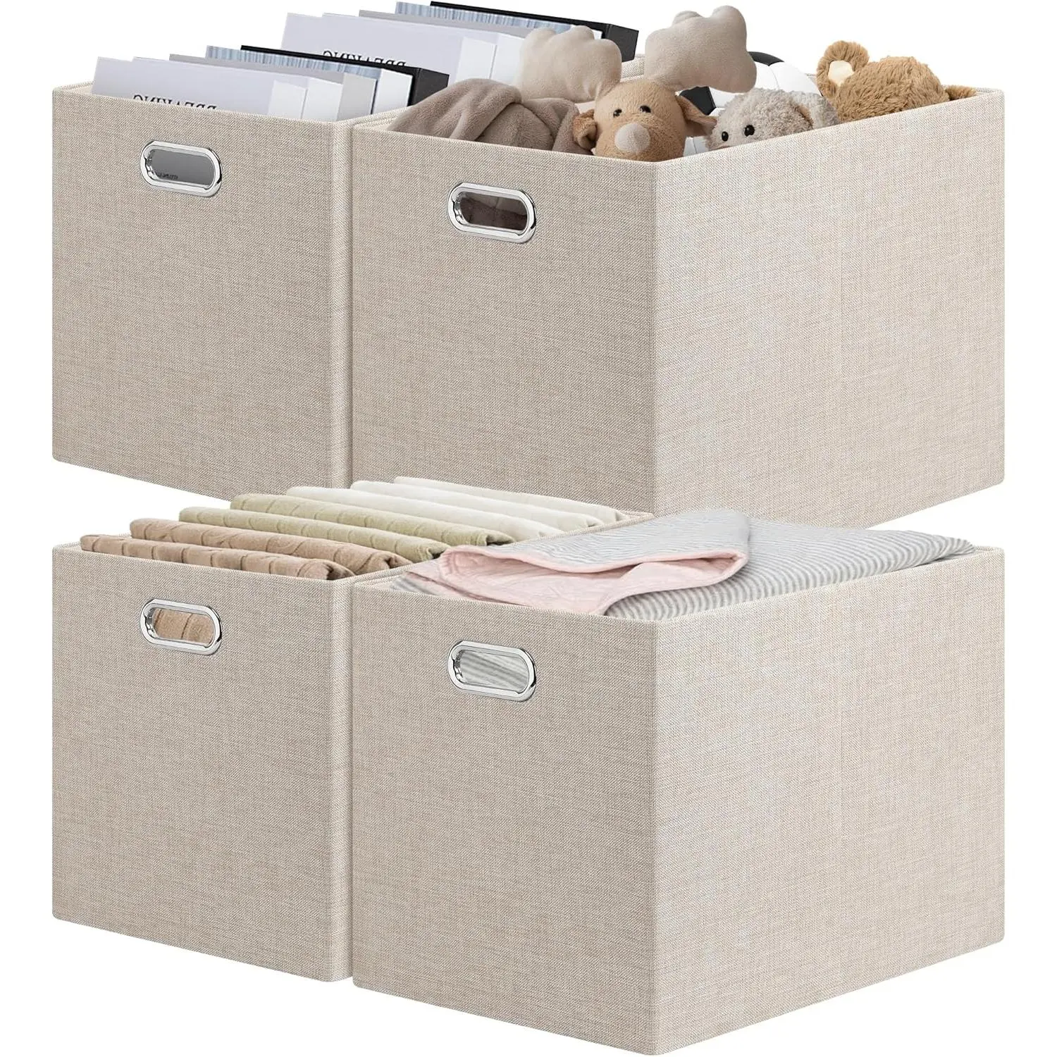15.12"x12.13"x12.01" Storage Cube Bins, Linen Decorative Closet Storage Organizer for IKEA Kallax, 4 Pack Fabric Foldable Large Storage Baskets for Closet, Shelves, Clothes, Toy (Beige)