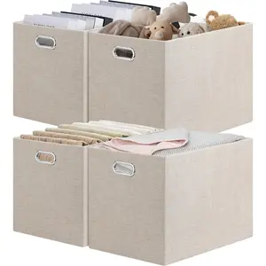15.12"x12.13"x12.01" Storage Cube Bins, Linen Decorative Closet Storage Organizer for IKEA Kallax, 4 Pack Fabric Foldable Large Storage Baskets for Closet, Shelves, Clothes, Toy (Beige)