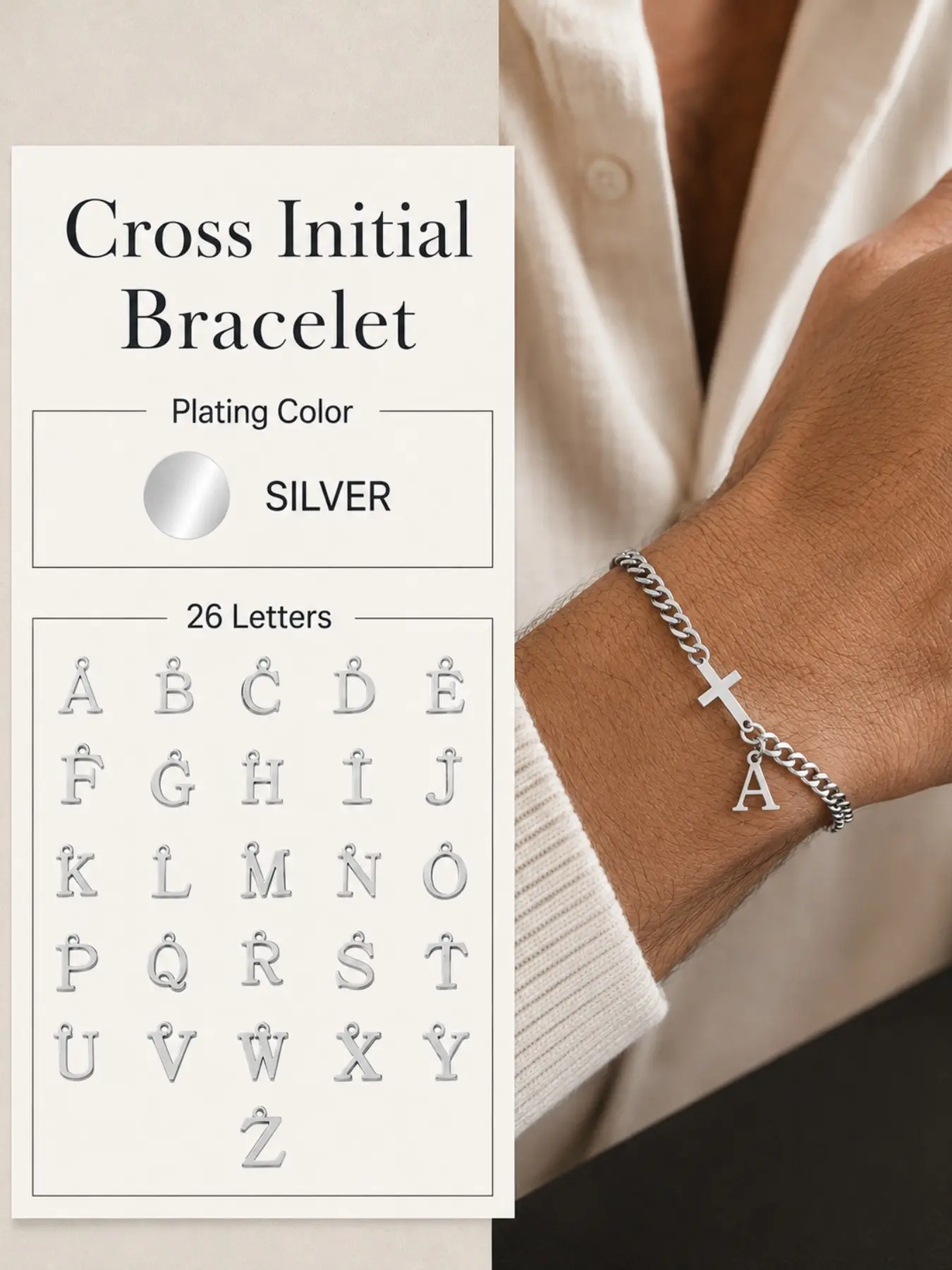Men's Cross Initial Letter Bracelet, Classic Silver Color Stainless Steel Cuban Chain, Casual Style, All Seasons, Letter Link Bracelet, Cuban Chain Bracelets, Bracelet Jewelry