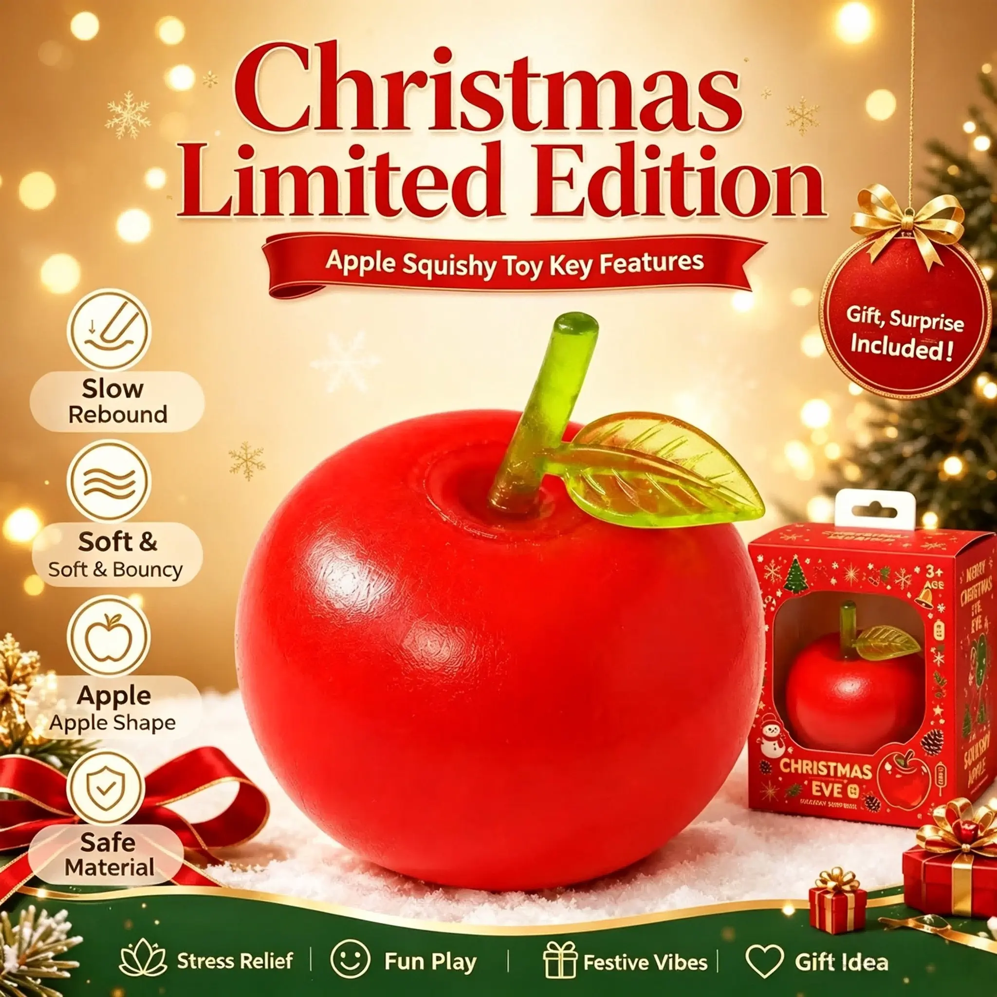Apple Shape Stress Relief Squishy, Christmas Limited Edition, Slow Rebound Soft Q-Elastic Safe Material, Ideal for Students and Office Workers