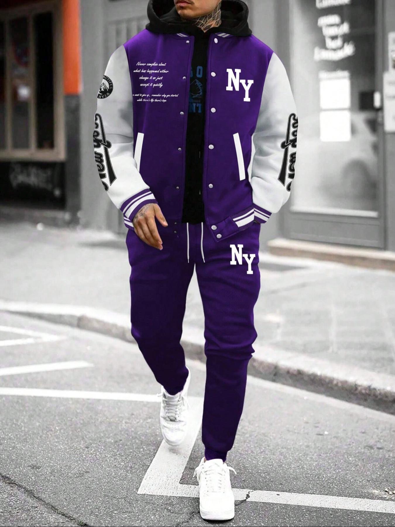 Men's Letter Print Slogan Baseball Jacket & Pants Two-piece Set, Loose Casual Long Sleeve Baseball Collar Outerwear & Trousers for Daily Wear, Men's Two-piece Outfits for Fall & Winter