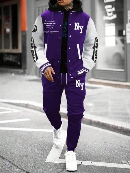 Men's Letter Print Slogan Baseball Jacket & Pants Two-piece Set, Loose Casual Long Sleeve Baseball Collar Outerwear & Trousers for Daily Wear, Men's Two-piece Outfits for Fall & Winter