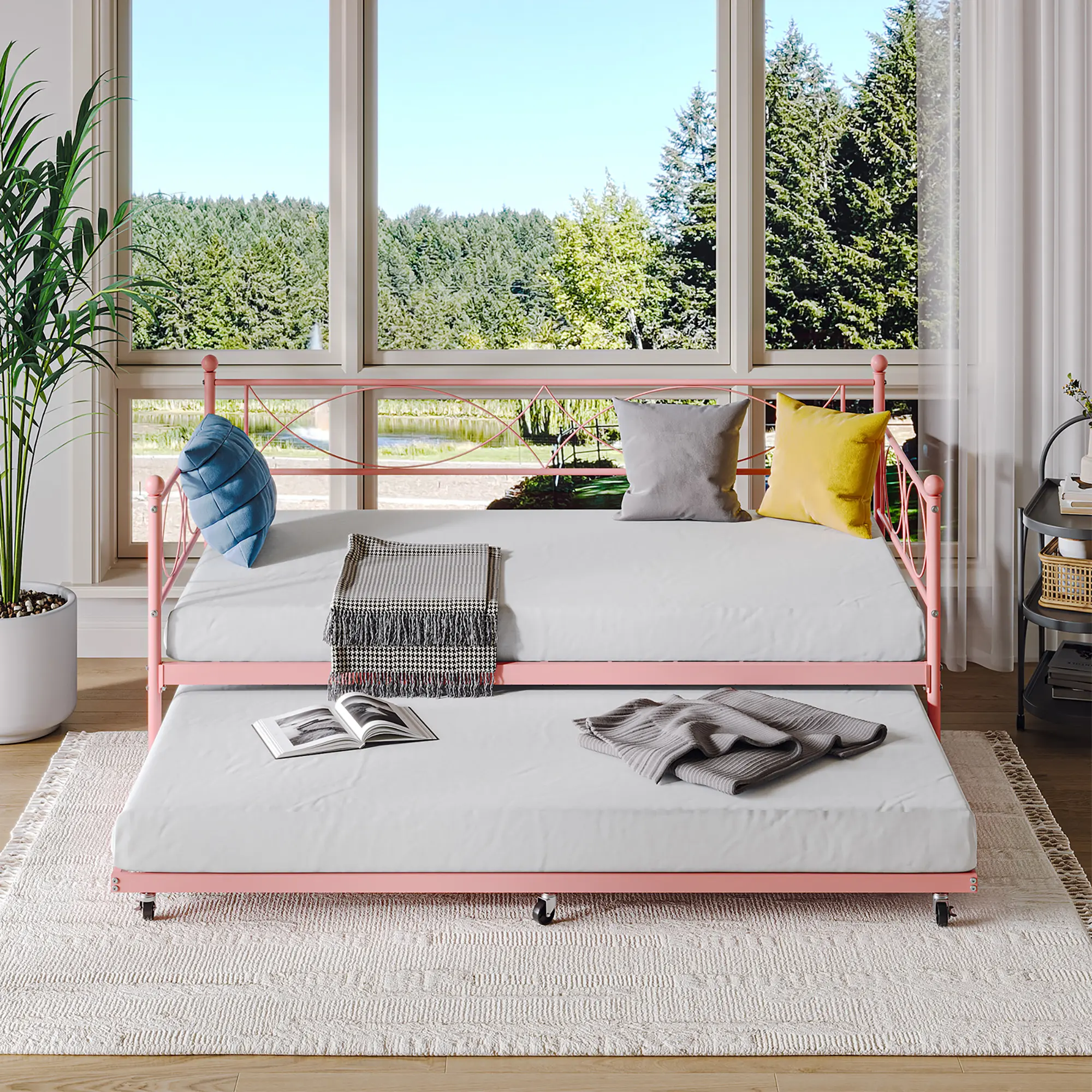 Multifunctional Twin Daybed with Pull-Out Trundle - Steel Frame, Steel Slat Support, Sofa Bed Convertible, 350lbs Weight Capacity - Space-Saving Indoor Furniture for Bedroom, Guest Room