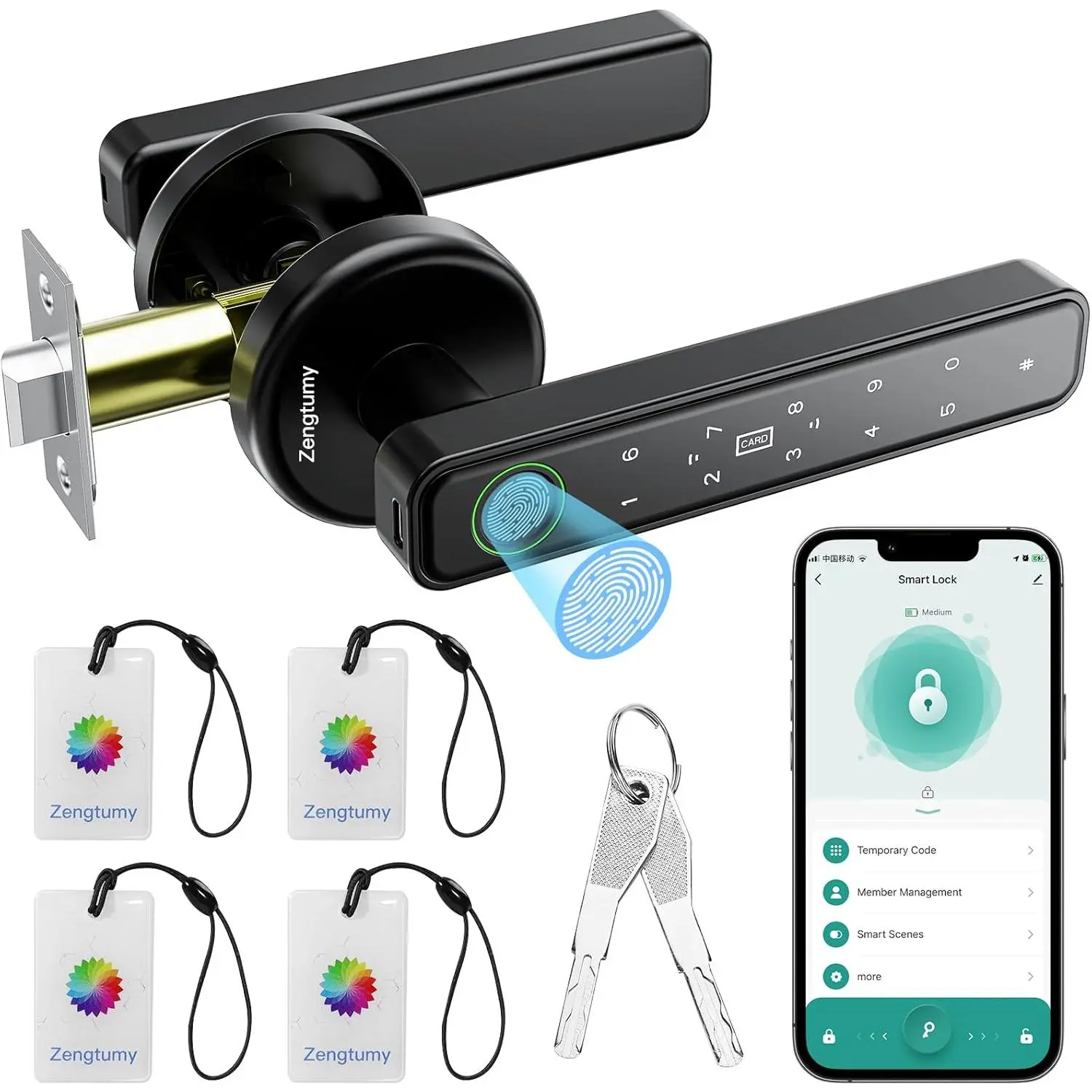 Door Lock, Door Locks for Bedrooms, Biometric Door Lock with/App/Password/Key/IC Card-Door Lock for Home, Hotel, Office, Apartment-Black