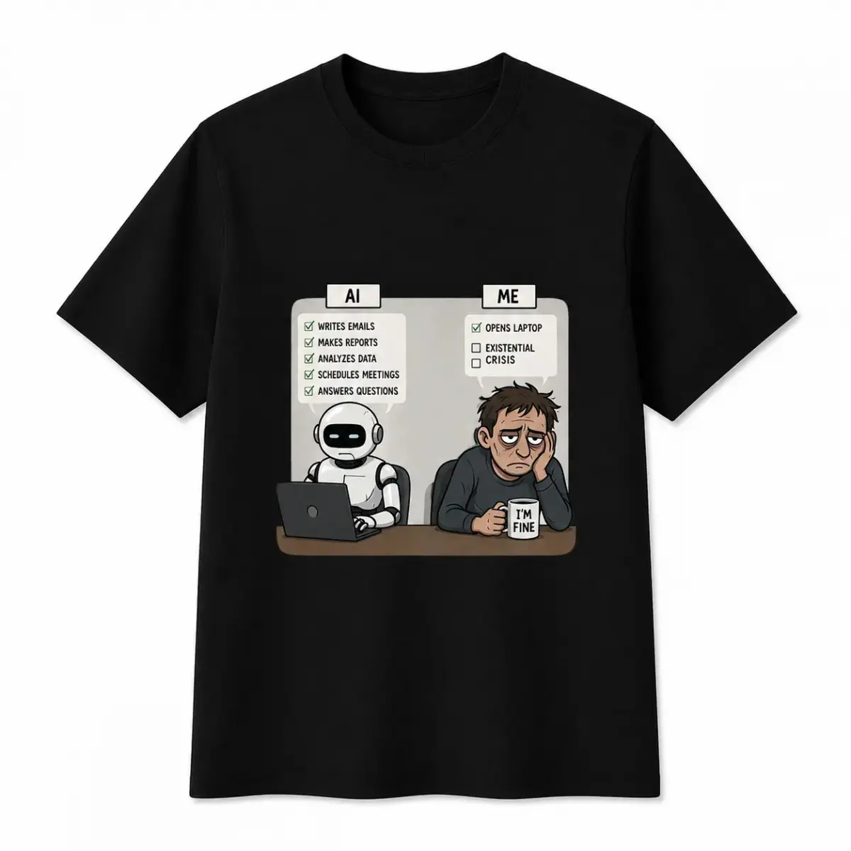 AI Work Humor T-Shirt for Men Women| Funny Robot Office Graphic Tee, Human vs AI Meme Gift Top