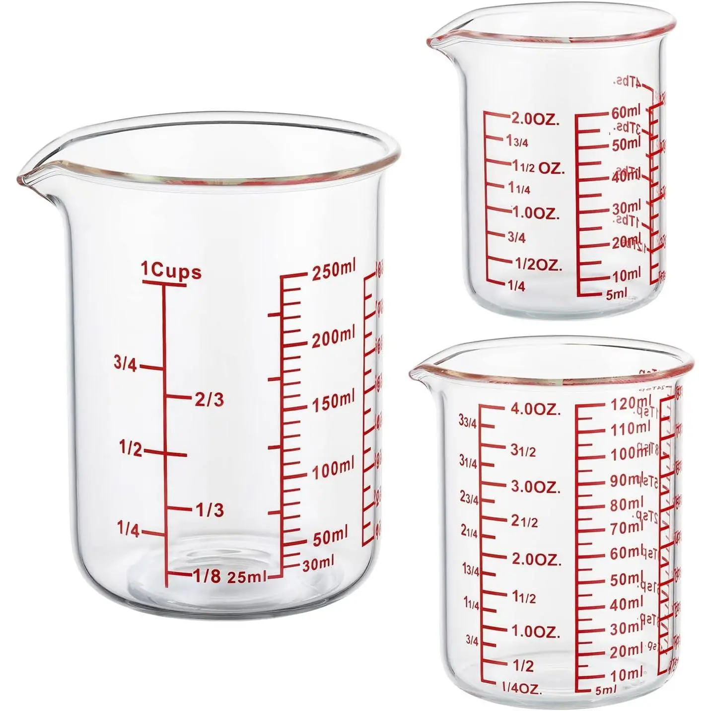 High Borosilicate Glass Measuring Cup Set with Pour Spout,60ml(2OZ),120ml(4OZ), 250ml(8OZ) Glass Measuring Beaker for Kitchen or Restaurant, Easy to Read