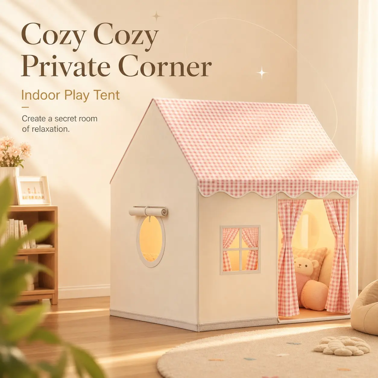 Grid Small House Indoor Game Tent with Curtains and Windows, Breathable Fabric Playhouse, Reading Corner Secret Room Decor, Pretend Play Tent