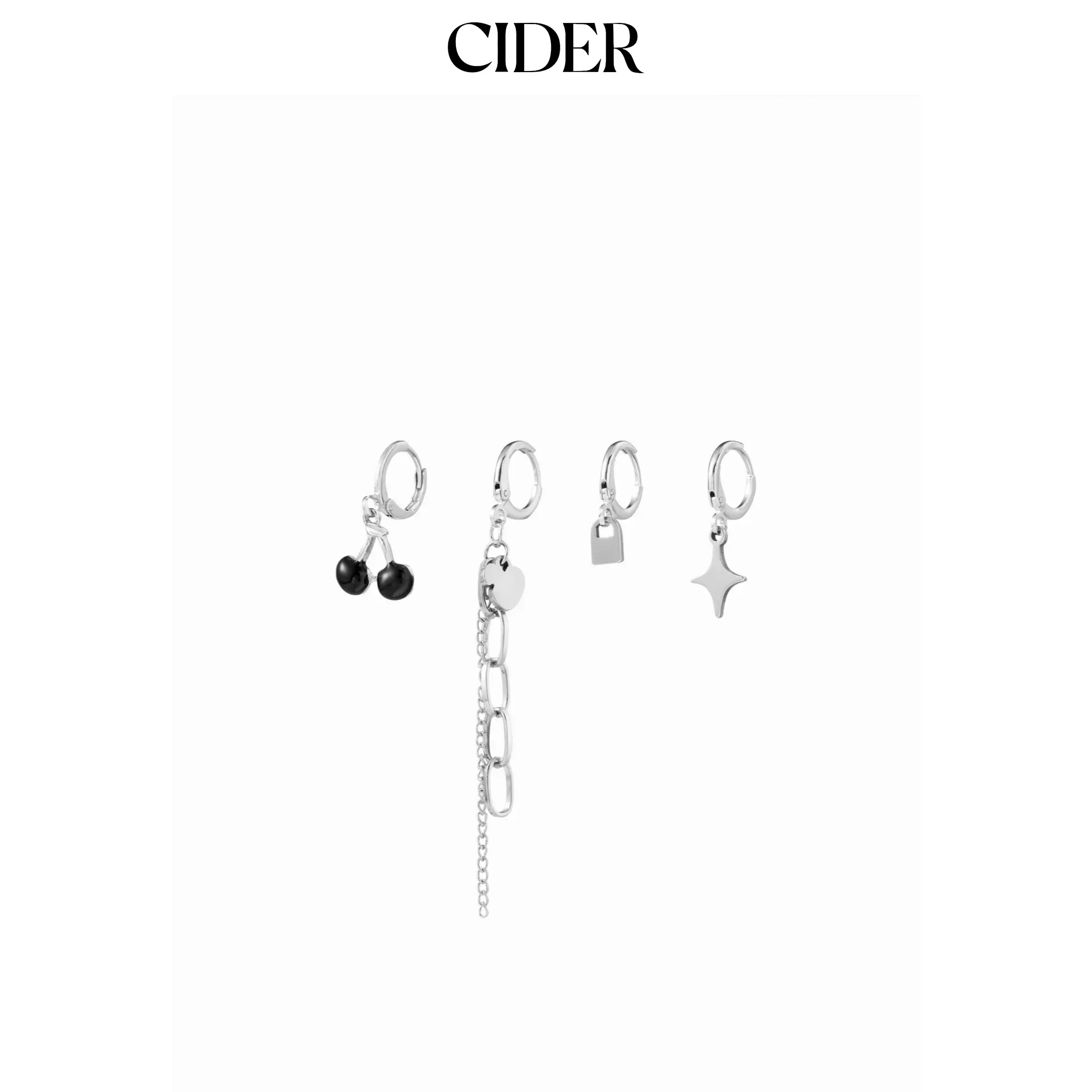 Cider 4 PCS CHERRY & CHAIN & STAR DROP EARRINGS SET