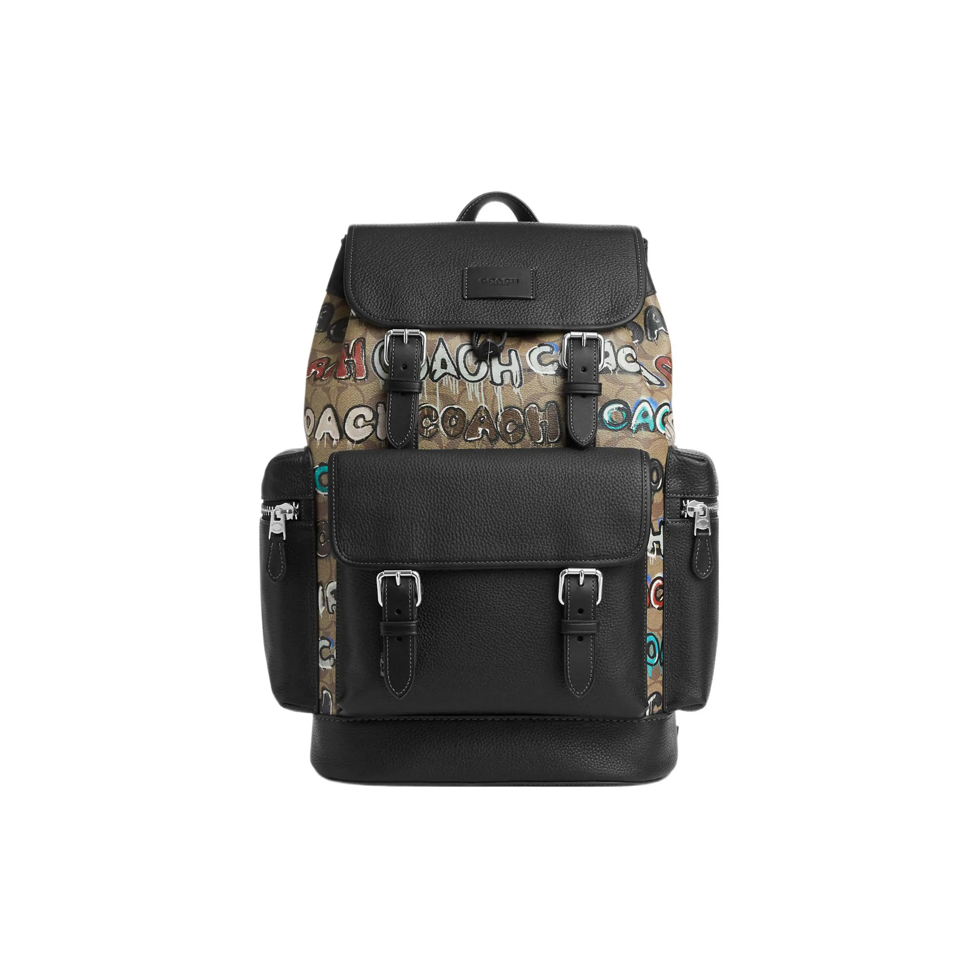 COACH x Mint + Serf Sprint Graffiti Print Backpack – Large Unisex Pebbled Canvas and Leather Bag in Black and Khaki