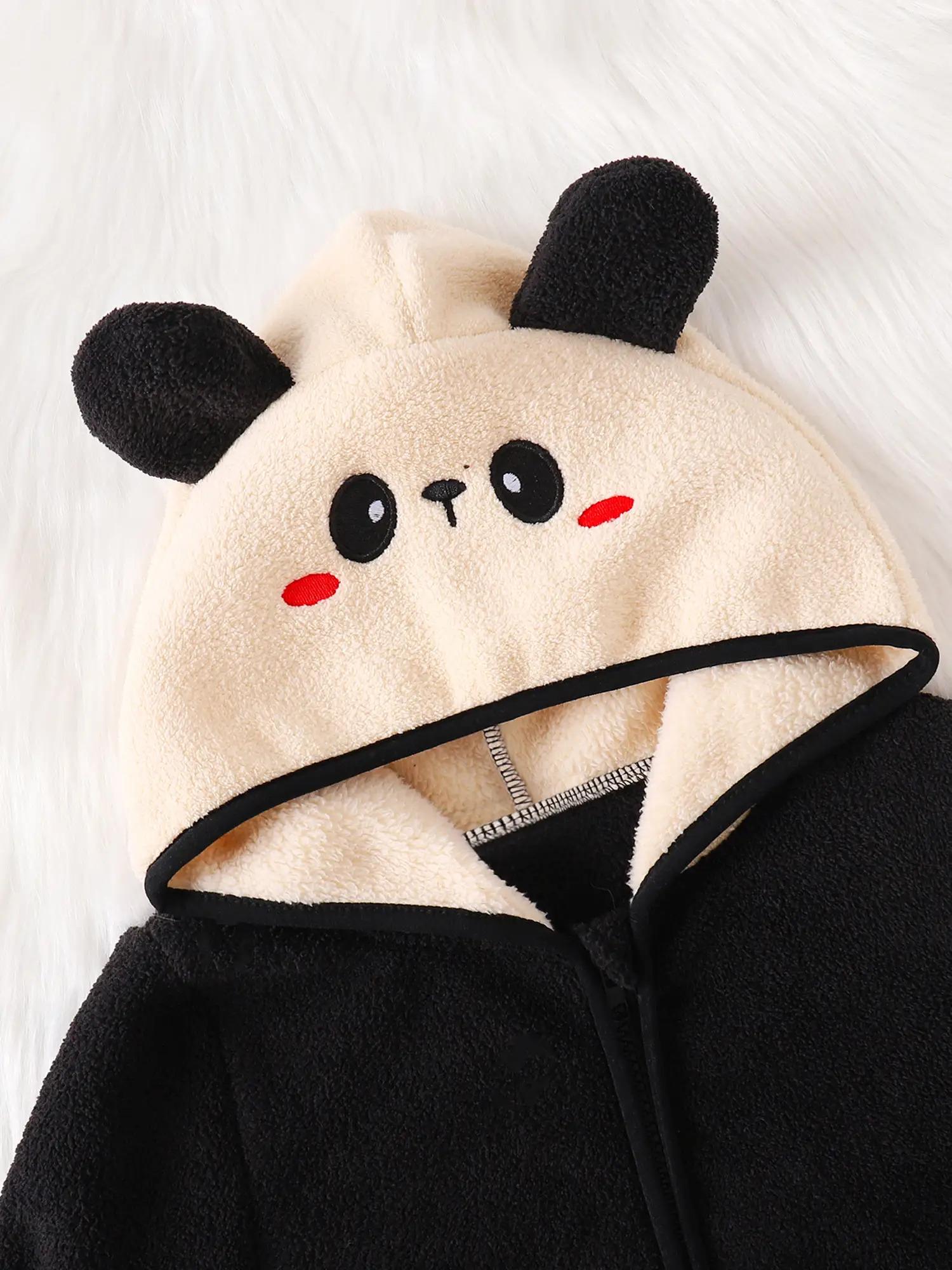 Girls' Panda Hooded Coat - Black & Beige Animal Outerwear, Zip-Up Front Closure, Soft Polyester Jacket for Everyday & Special Occasions, Cute Panda Clothing for School, Parties, Family Outings - Fall/Winter Coat, Panda Clothes, School Wear, Playful Design