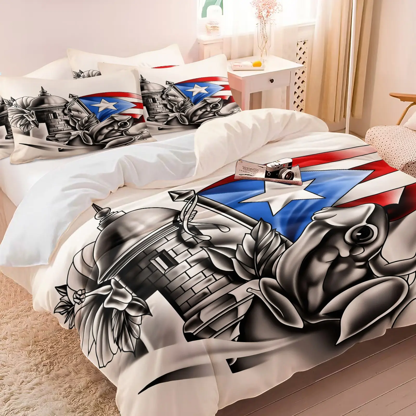 Puerto Rican Black-White Vintage Tattoo Duvet Cover Set-1 Duvet and 1-2 Coreless Pillowcases-Classic Regional Cultural Symbols Depicted in Sketches-Comfortable Soft Bedding Dark Personality Bedroom Decor