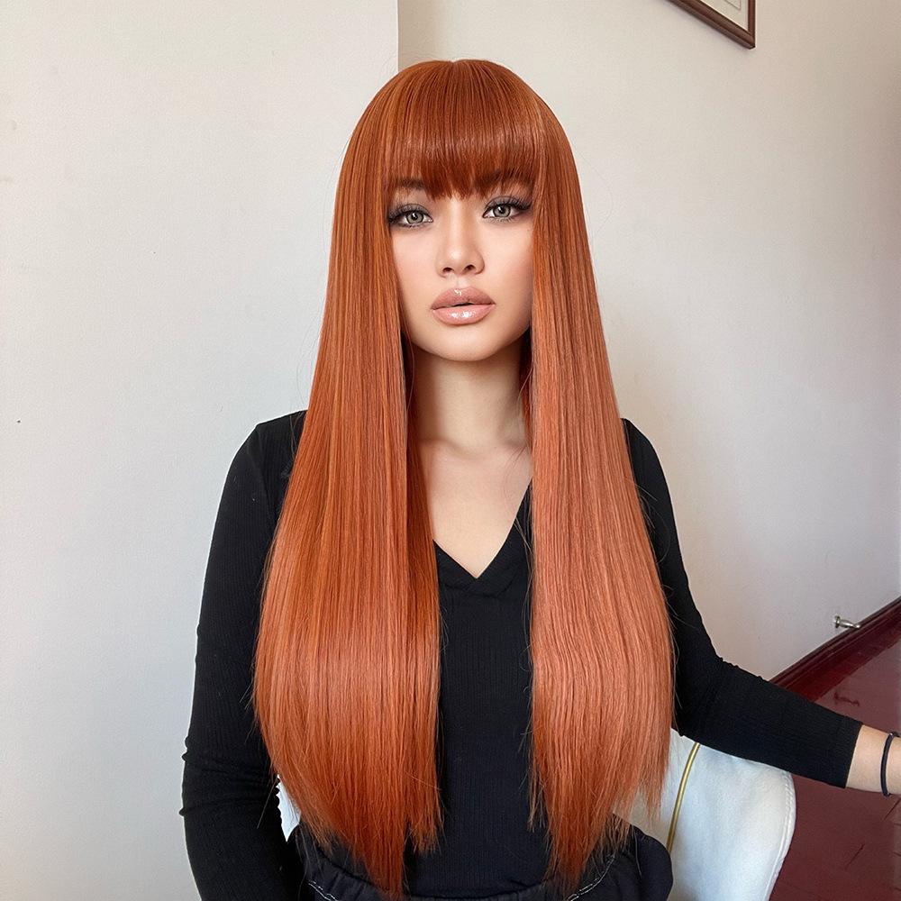 Latest Gray Ombre Straight Hair Wig with Front Fringe High Temperature Synthetic Fiber Easy to Put On Glueless Ventilated European and American Fashion Hair Topper