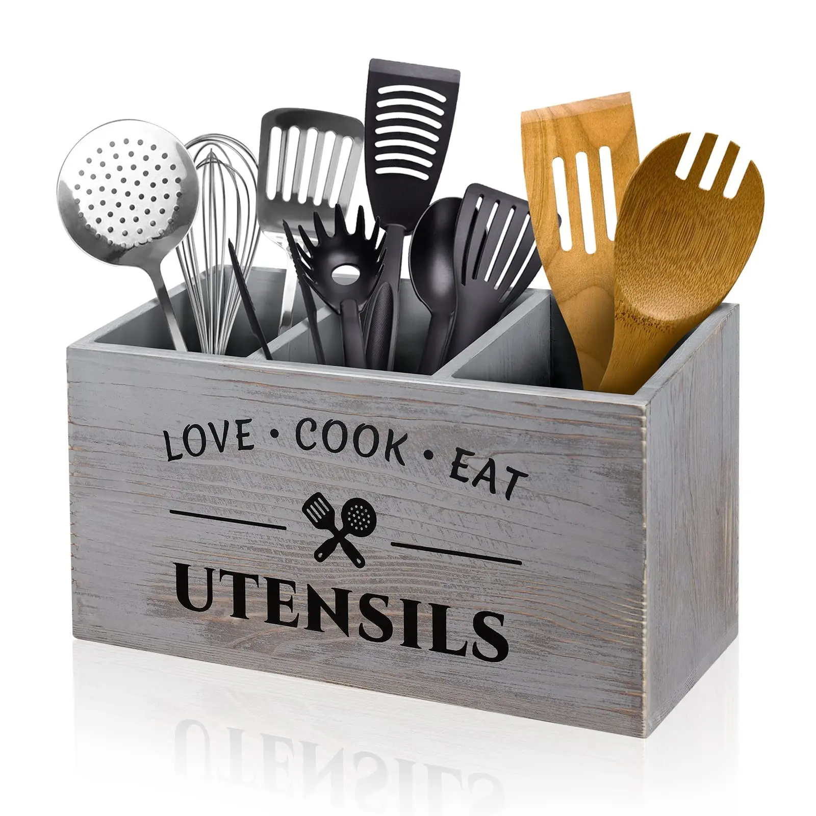 Three-Compartment Cutlery Organizer, Rustic Wooden Aesthetic Design, Ideal for Kitchen Counter, Dining Utensils Storage, Home Organization Gift