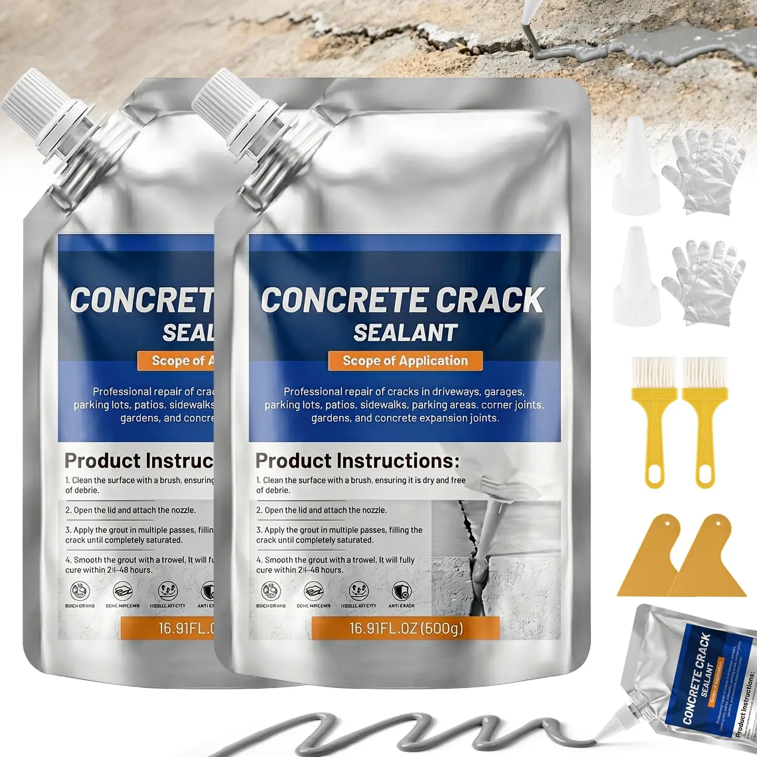Concrete Crack Filler, Self-Leveling  for Concrete, Cement Crack Filler for Driveways, Patio, Sidewalk, Indoor & Outdoor, High Elasticity and Quick-Drying-(2PCS, 2.21LB)