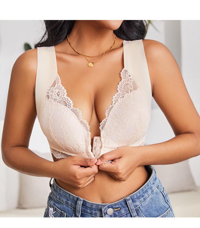Plus Size Wireless Front Closure Lace Everyday Bra, Light Stretchy Fabric, Customized Fit for Womenswear, Back Smoothing Supportive Bra for Outfit & Workout