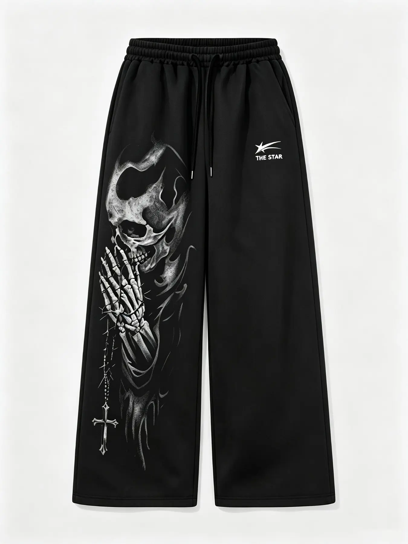 Men's Gothic Skull Prayer Cross Print Baggy Sweatpants, Drawstring Elastic Waist Wide Leg Streetwear Trousers, Loose Soft Casual Bottoms, 2026 Trendy Y2K Punk Hip‑Hop Pants for Daily Wear, Skateboarding, Urban Hangout, Street Fashion Outfits