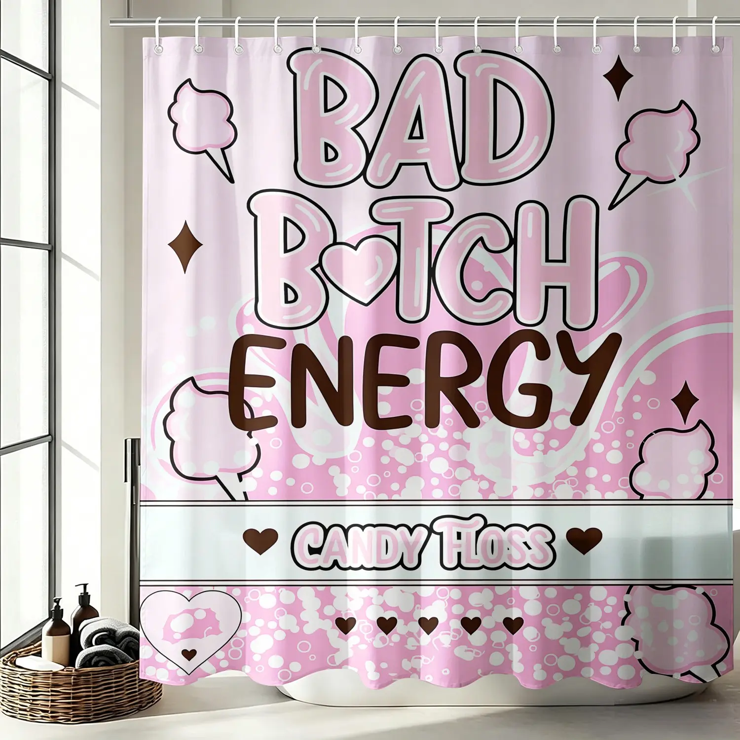 1Pc Pink Candy Floss Shower Curtain, Bad Energy Y2K Heart Girly Aesthetic Dopamine Preppy Girls Bathroom Decor, Waterproof Fabric with Hooks, Quick Dry Machine Washable Cute Fabric Bath Accessory