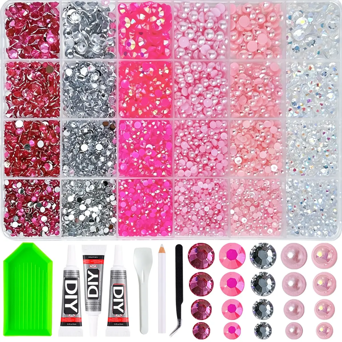 24-Grid Gentle Nude Nail Art Drill Set, Multi-Sized Flat Back Rhinestones, Fake Pearls, Beginner Full Drill Tool Kit，Nail Art Rhinestones / Flatback Crystals / Multi-Color / Pickup Tool, Faux Pearl Rhinestone, Nail Art Accessories