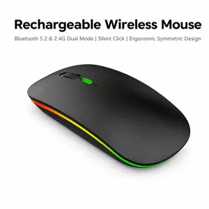 Rechargeable wireless mouse, LED ambient light, 2.4G/BT dual-mode mouse, ergonomic design, portable silent mouse, suitable for laptops, desktops, and tablets