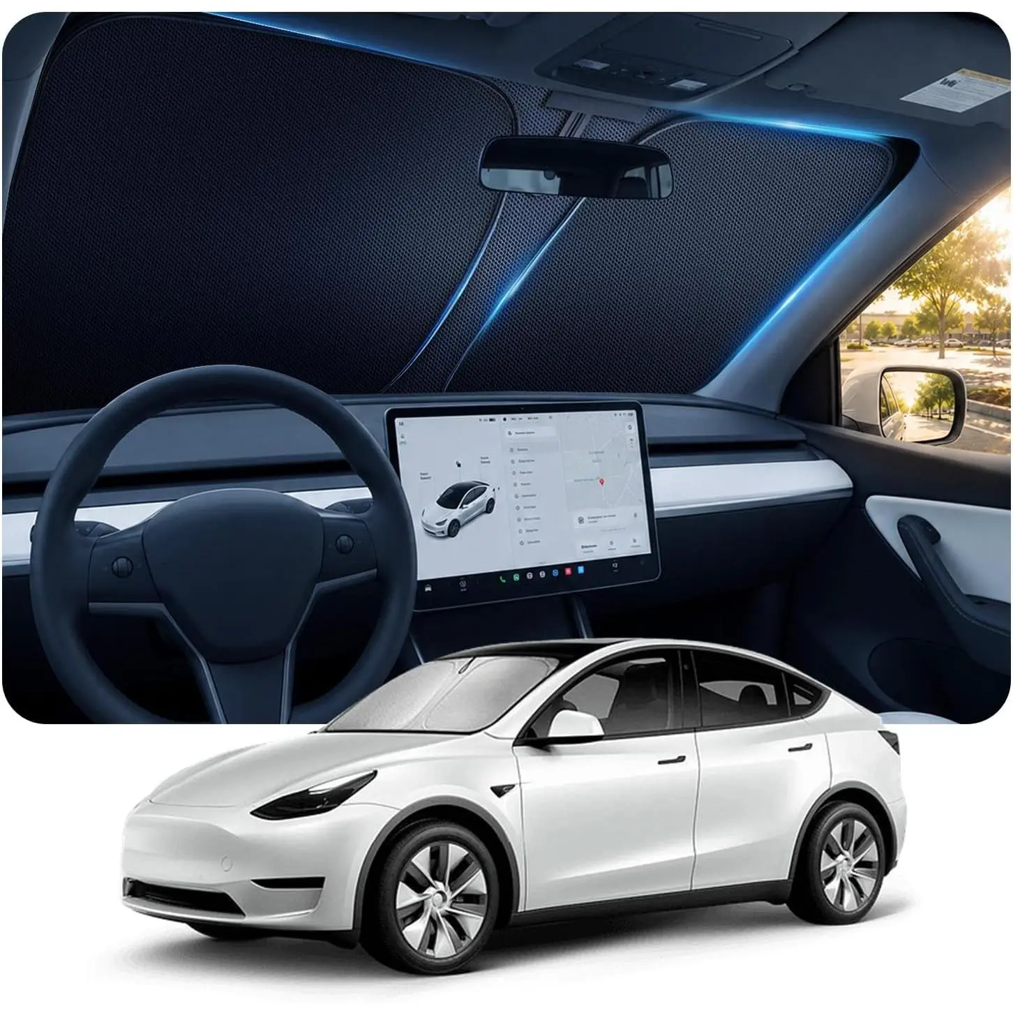 [2026 Upgraded] DooGooCoo Windshield Sun Shade for Tesla Model Y & Model 3 2017-2026 [Cooling Ice-Crystal, 100% Sun Block] Sunshade for Car Windshield for Tesla Model 3 Sunshade Model Y Sunshade.