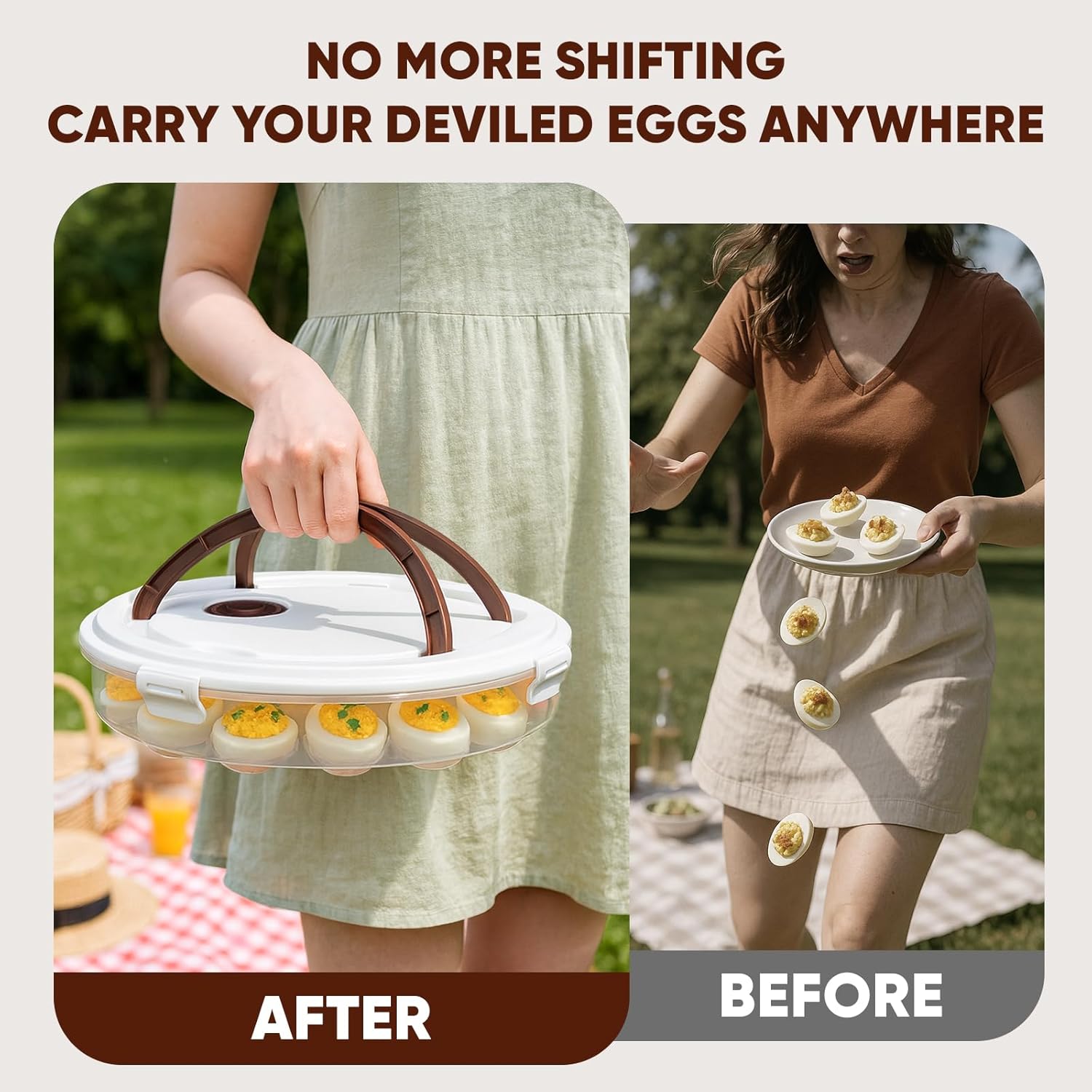 2-Pack Deviled Egg Container with Lid - 34-Egg Platter with Handle, Stackable & Portable Carrier for Parties, Holidays, Camping, and Fridge Storage