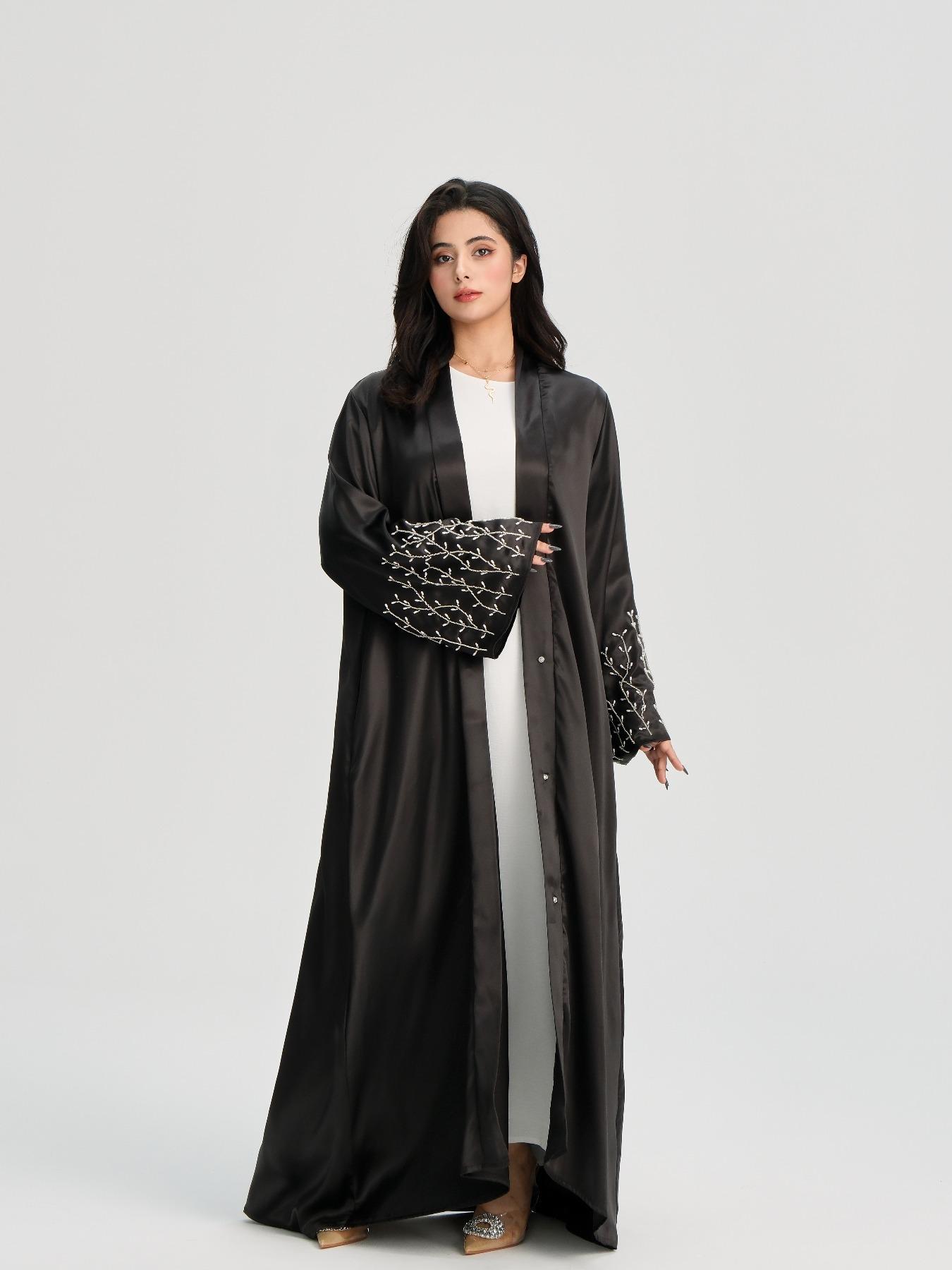 Women's Beaded Decor Long Sleeve Open Front Abaya, Modesty Abaya, Modest Elegant Maxi Abaya for Daily Wear, Women's Islamic Clothing for All Seasons