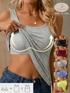 Women's Sleeveless Tank Top with Padded Bra, Slim-Fit Casual Wear, Breathable and Comfortable, All-Season Innerwear, Straps, 1/2/3/5 Pack