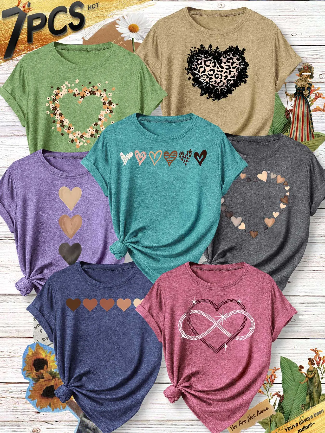 7Pcs Women Crew Tee, Casual Comfy Top Round Neck, Infinity Leopard Heart Elegant Print, multi-color washable soft daily tee