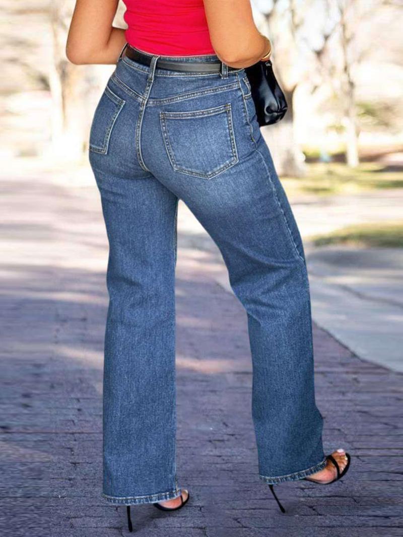 Women's High-Waisted Loose Fit Denim Jeans, Stretchy Fabric Casual All-Season Wear, Fashionable Straight Leg Jeans for Dating & Leisure