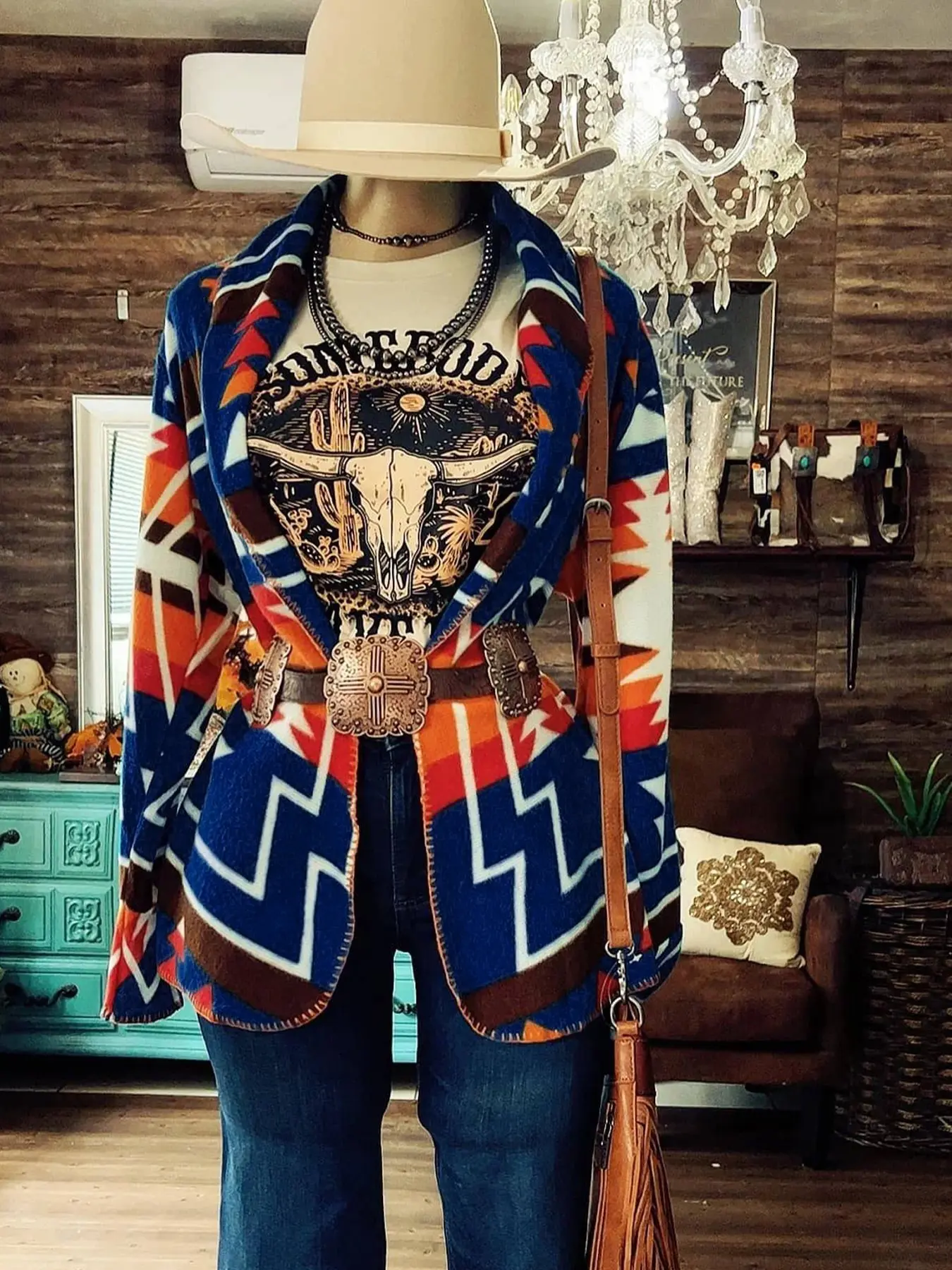 Women's Western Boho Tribal Geometric Print Short Jacket, Shawl Collar Open Front Cinched Waist Vintage Coat (Belt Not Included)