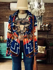 Women's Western Tribal Geometric Print Short Jacket, Shawl Collar Open Front Cinched Waist Vintage Coat (Belt Not Included)