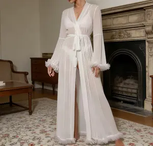 Women's Sheer Mesh Robe, Free panties with purchase.Long Sleeve V Neck Bridal Nightgown with Ruffle Trim, Belted Trumpet Sleeve Loungewear for Bride, Romantic Sheer Lace Cover-Up for Honeymoon