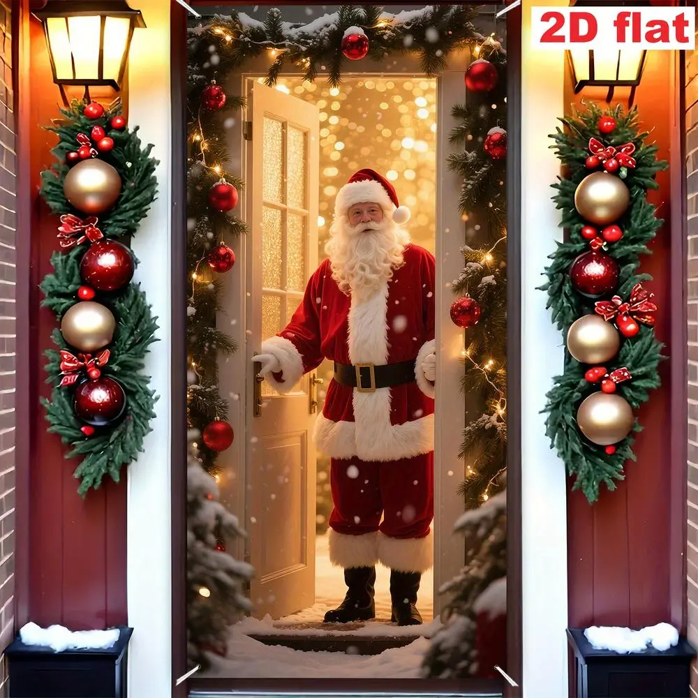 2D Flat Banner Polyester Photography Backdrop - HD Digitally Printed Festive Christmas Doorway Cloth with Santa Claus, Garland, Ornaments, Snow, Soft Lightweight Foldable Machine Washable Photobooth Prints for Winter Home, Festive Party Supplies