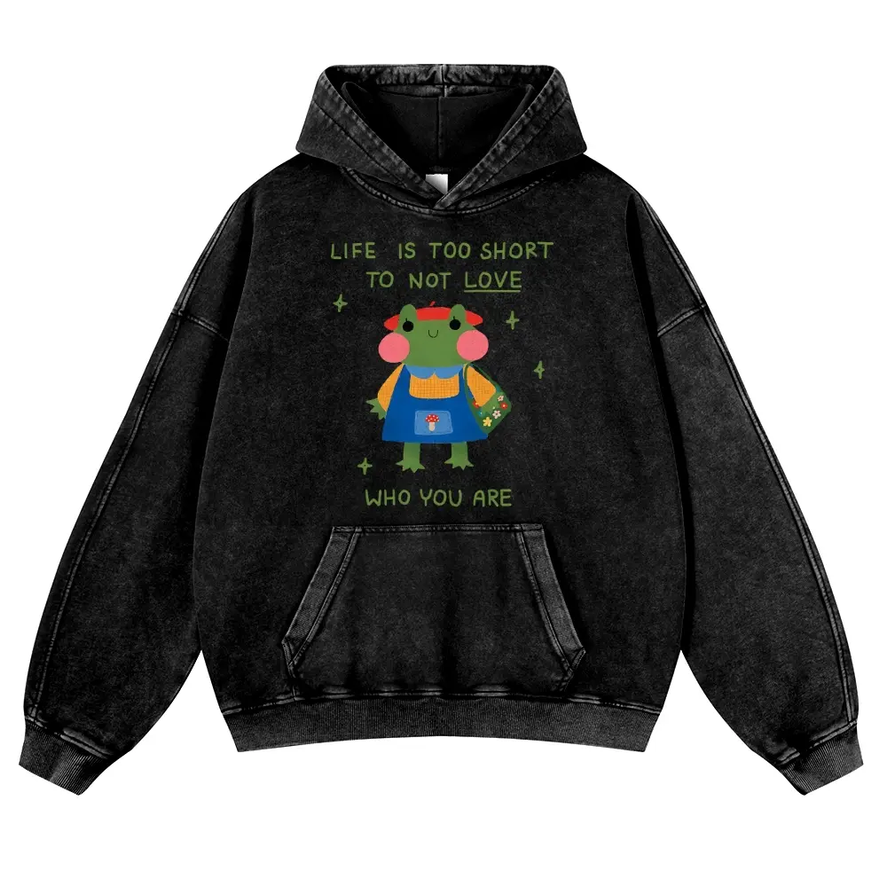 Vintage Black Washed Frog Hoodie | Unisex Cute Cottagecore Frog Graphic Oversized Sweatshirt Retro Aesthetic Pullover Hoody with Self-Love Quote