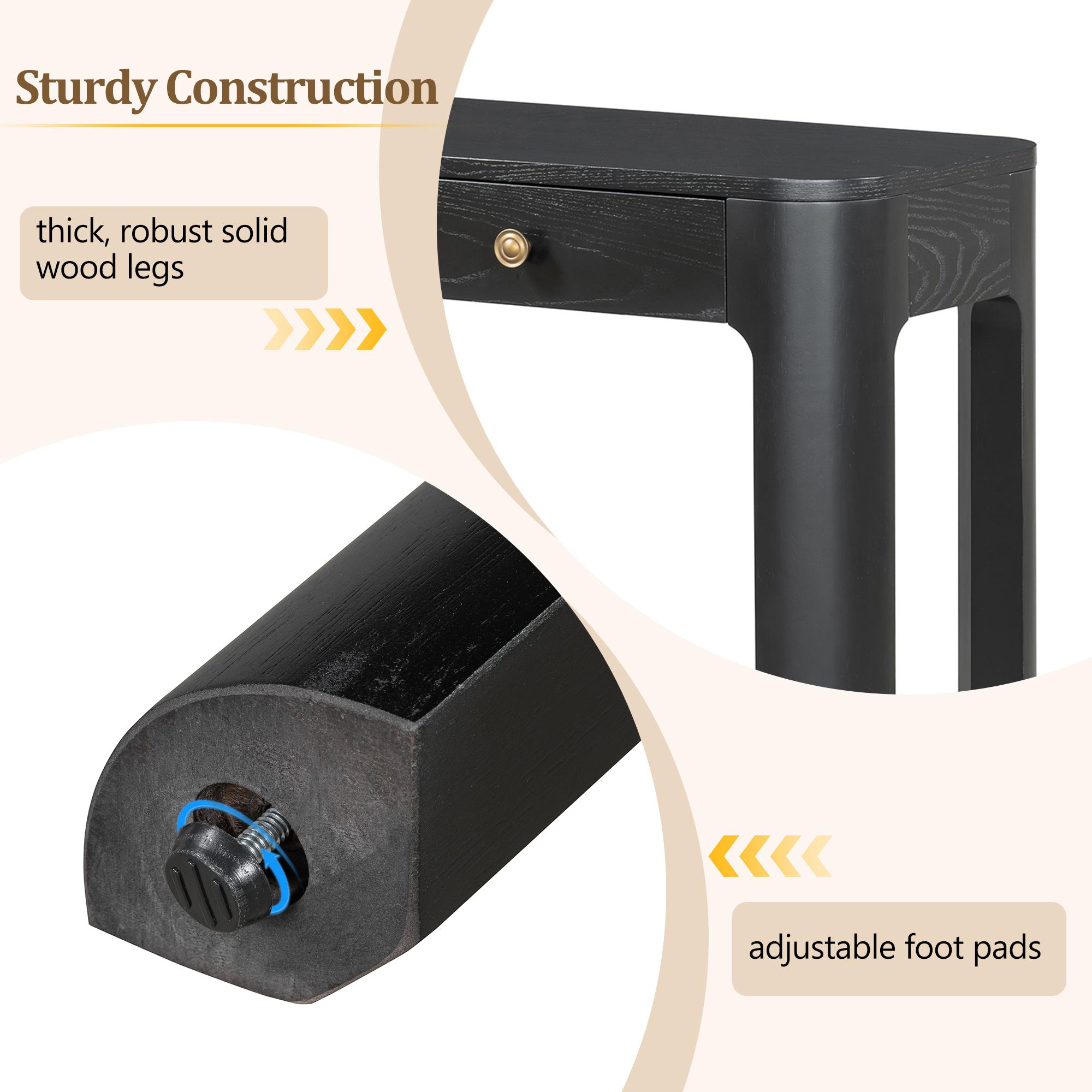 TREXM Rustic Console Table with Curved Corners for Safety, Entryway Table with 3 Concealed Drawers, Sturdy Sofa Table with Thick Legs for Hallway & Living Room