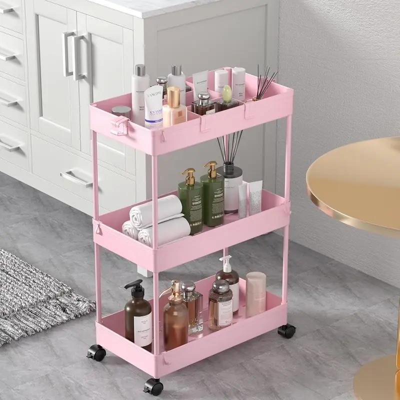 3-Tier Pink Rolling Storage Cart with Smooth Swivel Wheels, Easy Assembly Craft & Art Supply Trolley Organizer with 3 Detachable Hanging Baskets, Space-Saving Multi-Purpose Serving Cart for Office, Living Room, Kitchen & Small Studio Decluttering Essentia