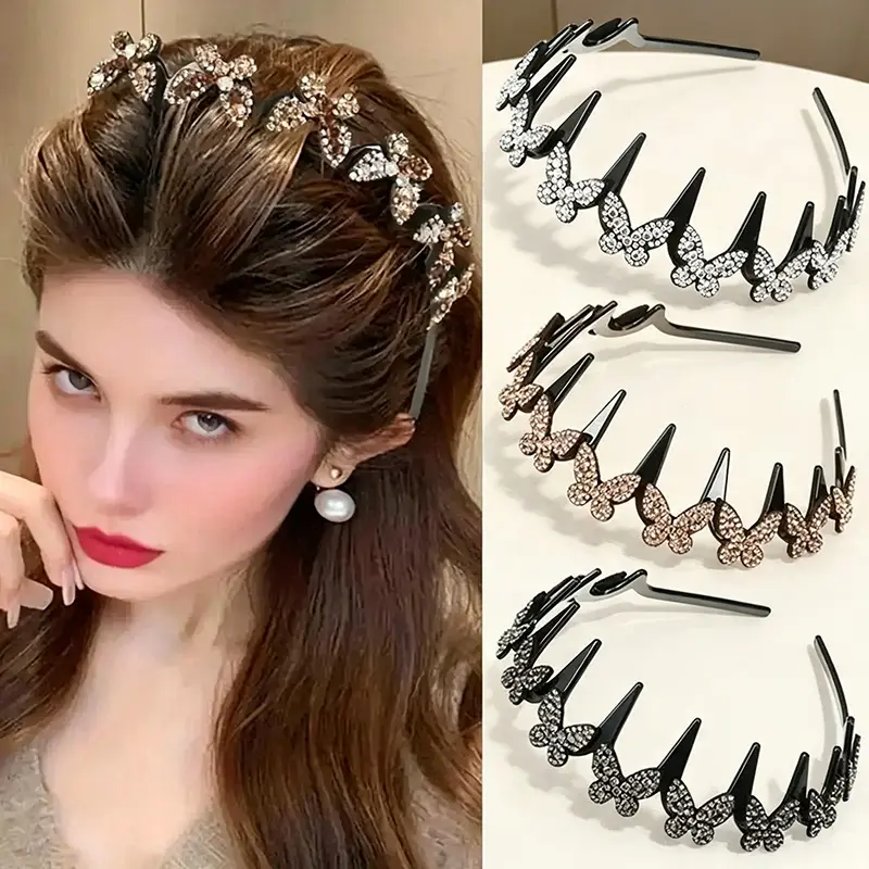 4-Pack Wavy Butterfly Headbands with Sparkling Crystals, Elegant Unisex Bling Hair Accessory, Lightweight & Non-Slip for Casual, Wedding & Engagement Wear, Bling Hair Fashion, Any, Accessories