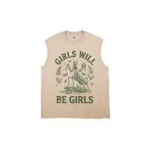 Vintage Washed Cotton Girls Will Be Girls Mantis Print Tank Top | Unisex Oversized Funny Mantis Graphic Vest | Retro Dark Aesthetic Casual Streetwear Sleeveless Top