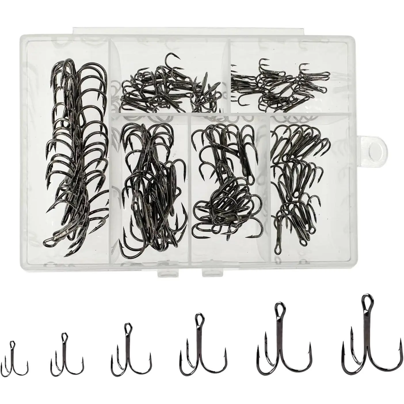 Treble Fishing Hooks Freshwater Saltwater, 100 count Treble Hooks for Lures, 6sizes Fish Hooks Trout Hooks Catfish Hooks for Fishing #2#4#6#8#10#12 High Carbon Steel with Portable Plastic Box