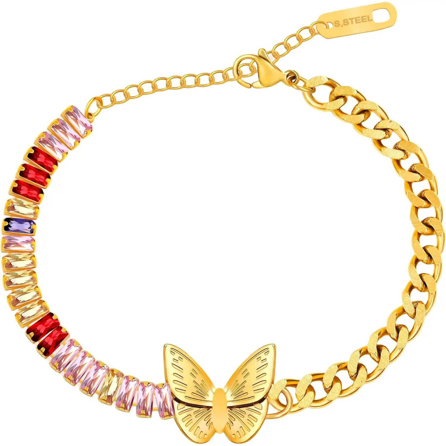 Half Chain and Half Colorful Zircon Bracelets for Women -  Plated Butterfly/Lock/Heart Charms Adjustable Bracelet for Birthday Valentine's Day YA4330