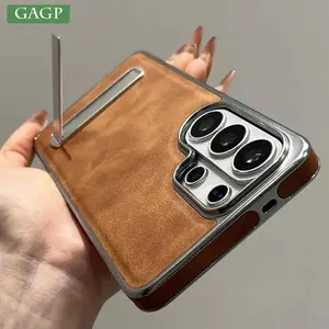 S26 Ultra Plating Leather Foldable Metal Stand Phone Case for Samsung Galaxy S25 S24 Ultra S23 FE S22 Plus Shockproof PC Cover