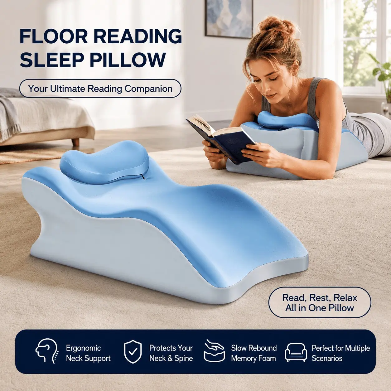 New Multi Functional Memory Foam Wedge Pillow, Ergonomic Reading Pillow for Bed with Neck & Back Support, Comfortable Bed Rest Cushion for Sleeping, Gaming, Lounging and Relaxation