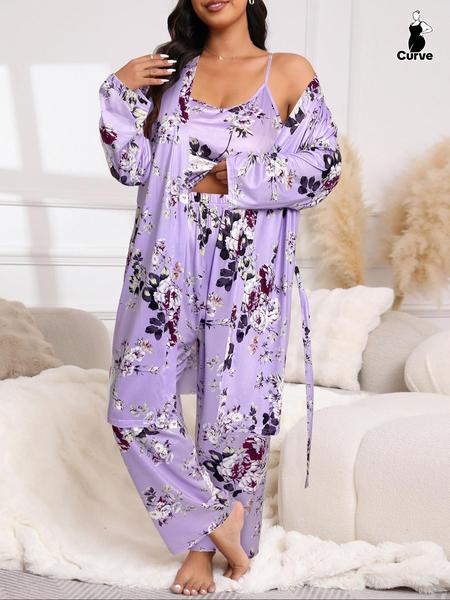 Plus Size 3-Piece Set Floral Print Belted Lounge Robe & Cami Top & Elastic Waist Pants Pyjama Set, Elegant Comfy Women's Sleepwear for Spring & Fall