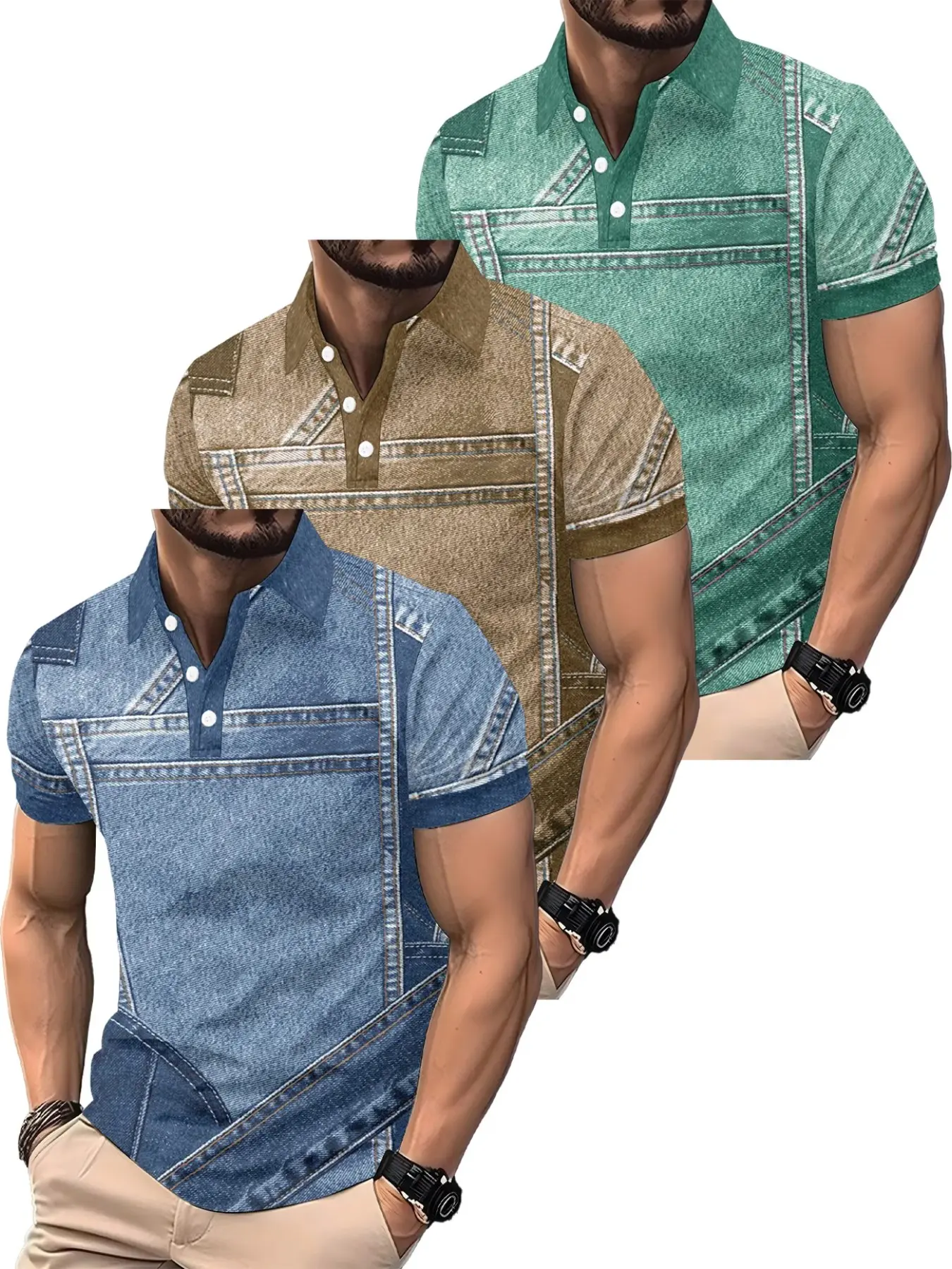 Men's 3-Piece Set, Denim Stitched 3D Digital Print Polo Shirts, Vintage Workwear Style, Fitted Short Sleeve, Casual All-Season Wear