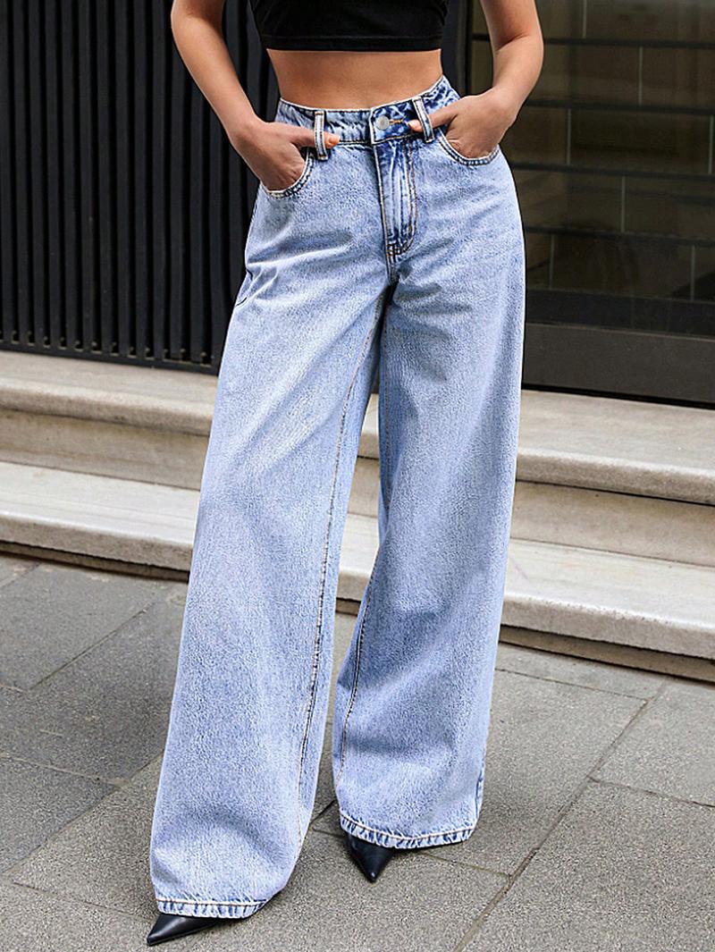 Elegant Women's High-Waisted Wide-Leg Jeans, Long Light Washed Denim Jeans, All-Season Casual Fashion, Slimming Fit